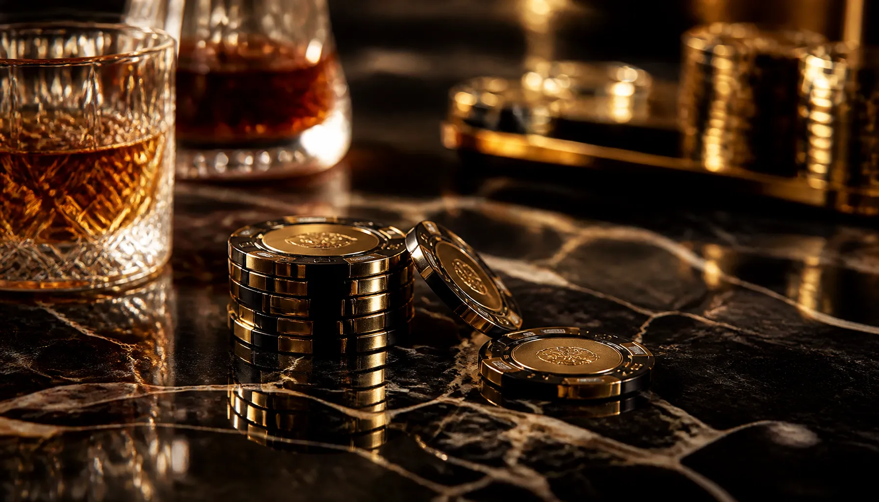 Close-up of ancient stone surface with scattered gold coins and glinting gemstones under warm cinematic light