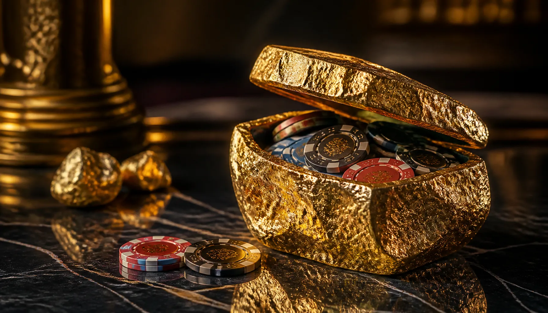 Close-up of ancient stone surface with scattered gold coins and glinting gemstones under warm cinematic light
